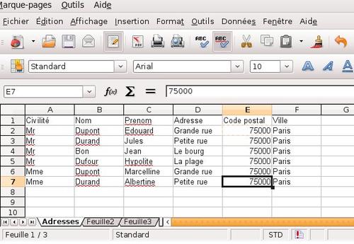 Liste des adresses de la source de
données