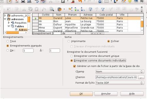 Options d'impression pour controler un
publipostage